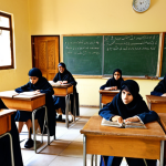 **Image Prompt 1: Traditional Arabic Classroom**
    A warm, inviting image of a traditional classroom in an Arab country. Rows of wooden desks are neatly arranged, where young Arab students, dressed in modest school uniforms or traditional attire, sit attentively. A male or female teacher, dressed professionally, stands at the front, explaining a lesson using a classic blackboard and chalk. Stacks of physical textbooks are visible on shelves or desks. The atmosphere is quiet and focused, emphasizing direct, in-person learning and the established method of education, evoking a sense of heritage and collective instruction.