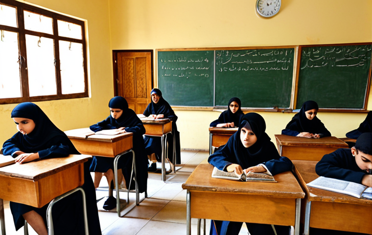 **Image Prompt 1: Traditional Arabic Classroom**
    A warm, inviting image of a traditional classroom in an Arab country. Rows of wooden desks are neatly arranged, where young Arab students, dressed in modest school uniforms or traditional attire, sit attentively. A male or female teacher, dressed professionally, stands at the front, explaining a lesson using a classic blackboard and chalk. Stacks of physical textbooks are visible on shelves or desks. The atmosphere is quiet and focused, emphasizing direct, in-person learning and the established method of education, evoking a sense of heritage and collective instruction.