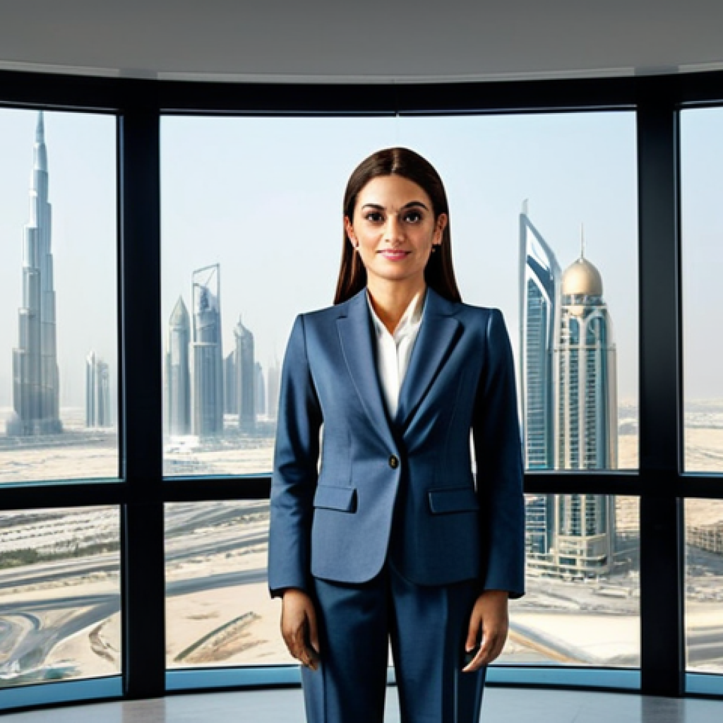 **

A professional businesswoman in a modest business suit, standing confidently in a modern office with Dubai skyline view, fully clothed, appropriate attire, safe for work, perfect anatomy, natural proportions, professional photography, high quality.

**