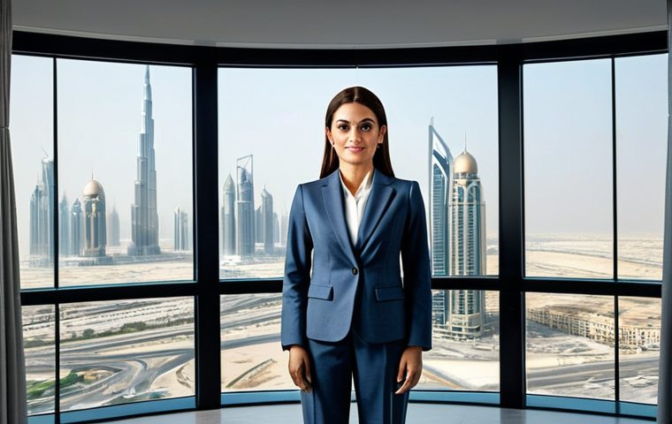 **
A professional businesswoman in a modest business suit, standing confidently in a modern office with Dubai skyline view, fully clothed, appropriate attire, safe for work, perfect anatomy, natural proportions, professional photography, high quality.
**