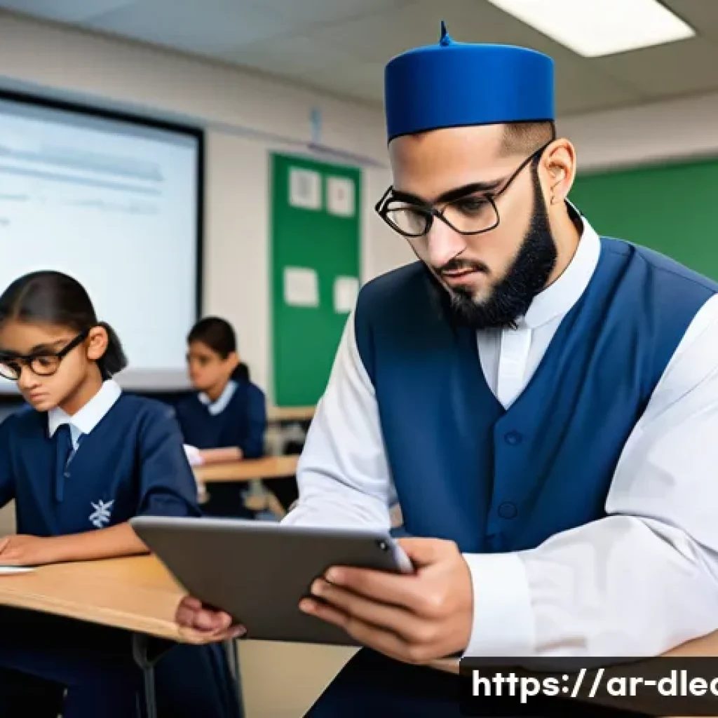 디지털 교육의 진행 방향 - A modern classroom scene set in an Arabic cultural environment featuring diverse students engaging w...