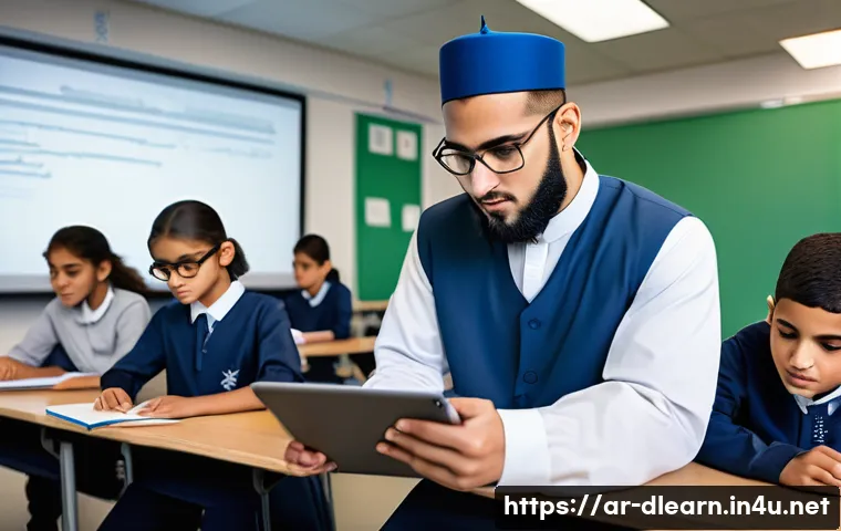 디지털 교육의 진행 방향 - A modern classroom scene set in an Arabic cultural environment featuring diverse students engaging w...