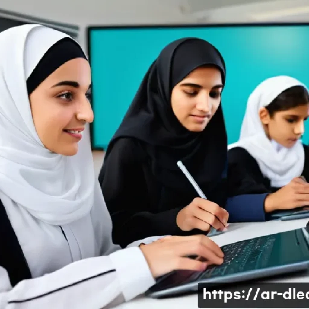 디지털 학습의 인프라 구축 - A modern digital classroom scene set in a Middle Eastern school, showing diverse Arab students aged ...