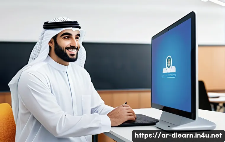 학습 관리 시스템 LMS - A modern digital learning environment set in a bright, spacious room with Arabic cultural accents su...