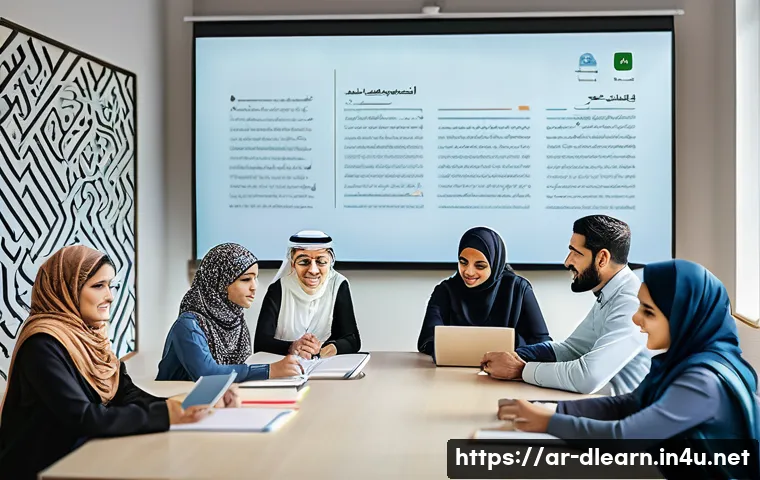 디지털 교육의 신뢰성 - A modern digital classroom scene featuring a diverse group of Arabic-speaking adult learners engaged...
