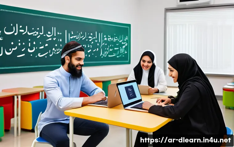 디지털 교육의 연구 동향 - A modern digital classroom scene set in a Middle Eastern context, featuring diverse Arab students en...