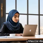 디지털 학습에서의 문제 해결 - A modern digital learning environment featuring a young Arab adult woman sitting at a sleek desk in ...