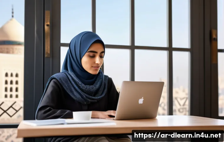 디지털 학습에서의 문제 해결 - A modern digital learning environment featuring a young Arab adult woman sitting at a sleek desk in ...