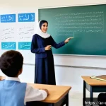 교사와 학생의 디지털 교육 - A modern classroom scene set in a Middle Eastern school environment, showing a diverse group of stud...