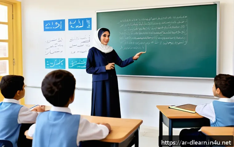 교사와 학생의 디지털 교육 - A modern classroom scene set in a Middle Eastern school environment, showing a diverse group of stud...