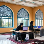 디지털 학습에서의 프라이버시 - A modern digital classroom scene set in a Middle Eastern university, featuring diverse Arabic-speaki...