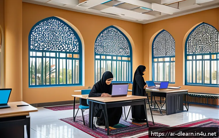 디지털 학습에서의 프라이버시 - A modern digital classroom scene set in a Middle Eastern university, featuring diverse Arabic-speaki...