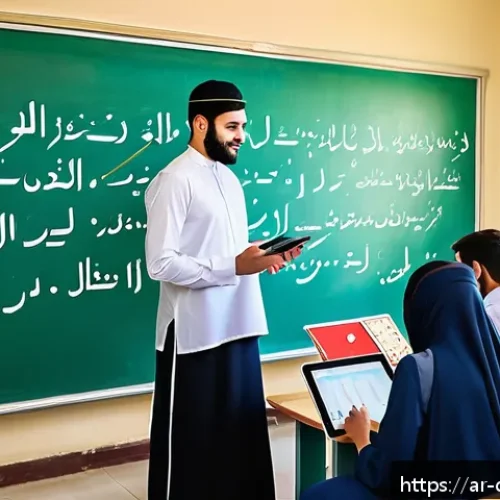 기술 혁신을 통한 교육의 변화 - A modern Arabic classroom scene in a Middle Eastern school, featuring diverse students wearing tradi...