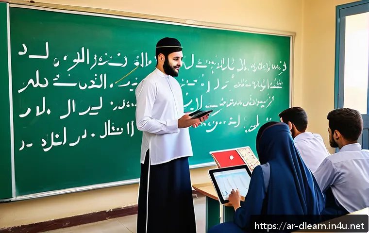 기술 혁신을 통한 교육의 변화 - A modern Arabic classroom scene in a Middle Eastern school, featuring diverse students wearing tradi...