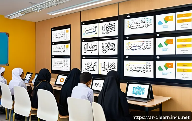 디지털 교육의 접근성 향상 방법 - A modern digital classroom scene set in an Arabic-speaking community, featuring a diverse group of s...