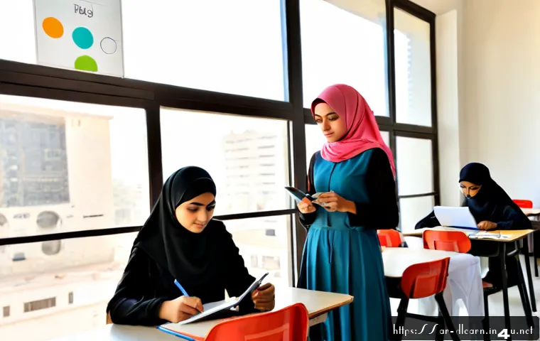 Home 17 디지털 학습의 교육 효과 분석 - Photorealistic modern classroom in an Arab city, a female teacher wearing a modest hijab guiding div...