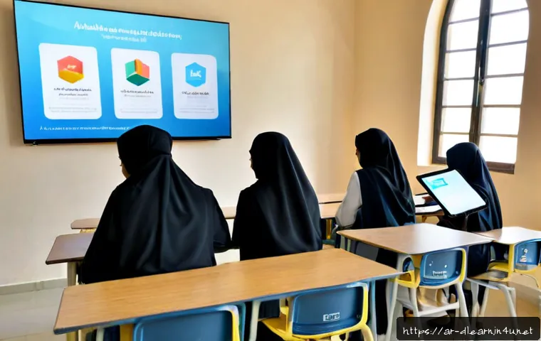 디지털 교육에서의 인공지능 적용 - Photorealistic modern Arabic-language classroom in a Gulf-region school, a modestly dressed female t...